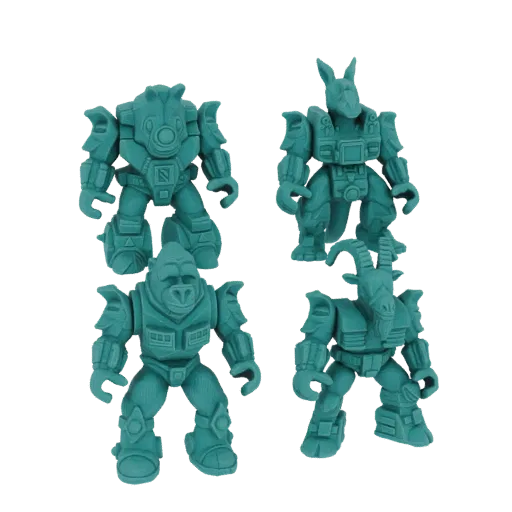 A set of four teal-colored 3D models of robotic animals: a bear, kangaroo, gorilla, and goat, against a black background.