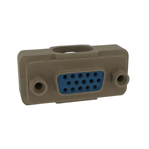 Modelo 3D de conector VGA fêmea bege com inserto de pinos azul e travas por parafuso