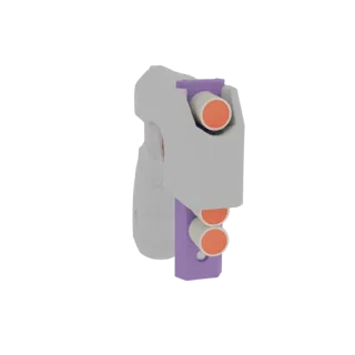 Modello 3D di una pistola sparadardi compatta a doppia canna con corpo bianco e accenti viola, dotata di due canne con punta