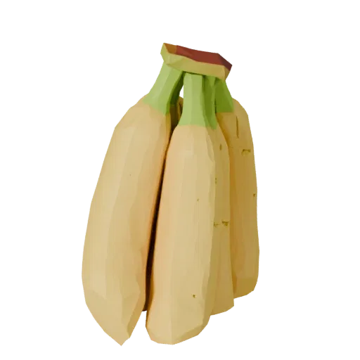 Sliced Banana Bunch Low Poly 3D model, game viewport three-quarter view, showing skin pores, recognizable fruit forms.