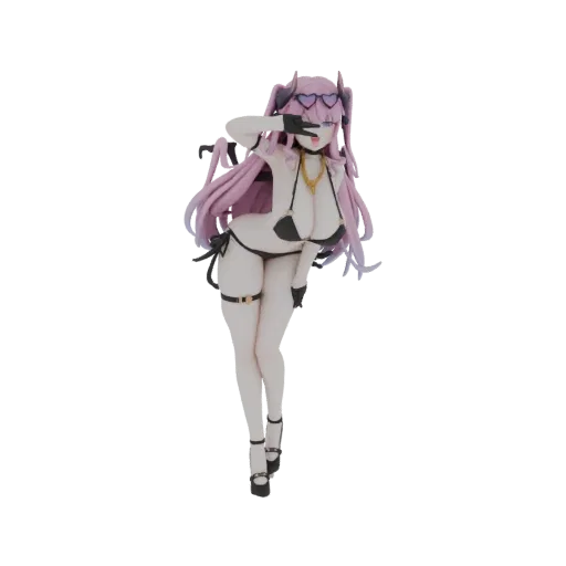 3D model of an anime girl in a black bikini and heart sunglasses, striking a playful pose.