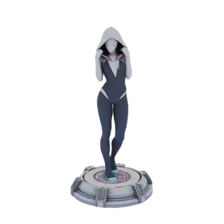 Modello 3D di Gwen Stacy come Spider-Woman, che indossa il suo iconico costume con cappuccio, in piedi su una base circolare
