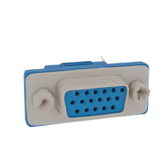 Modello 3D di un connettore VGA con porta femmina blu e due viti di montaggio argentate, isolato su sfondo bianco.