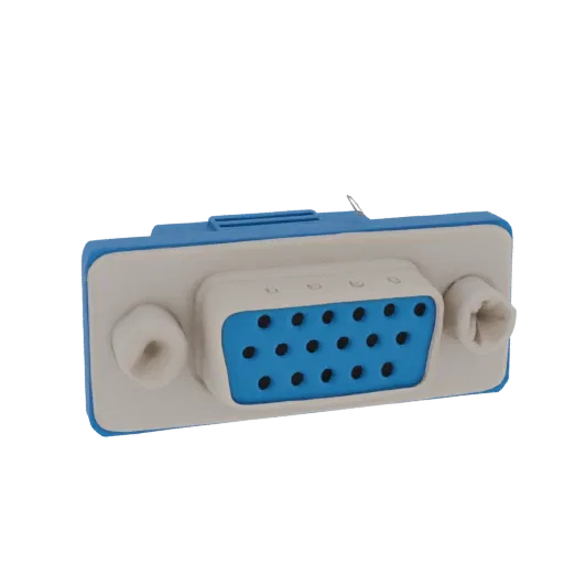 3D-Modell eines VGA-Anschlusses mit blauer Buchse und zwei silbernen Befestigungsschrauben, isoliert auf weißem Hintergrund.