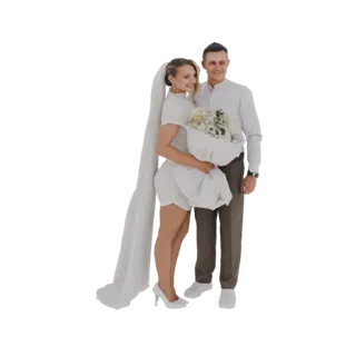 Modelo 3D de um casal de noivos sorridente, noiva em vestido branco e véu segurando um buquê, noivo em camisa e calças branca