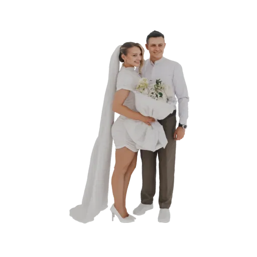 Modelo 3D de um casal de noivos sorridente, noiva em vestido branco e véu segurando um buquê, noivo em camisa e calças branca