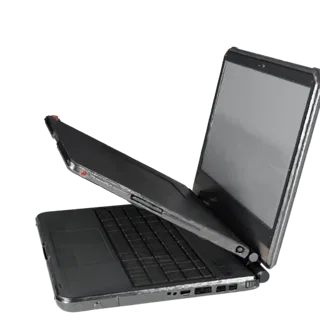 Rugged Convertible Notebook 3D model, three-quarter front view, Unity viewport, showing brushed metal, open lid angle.