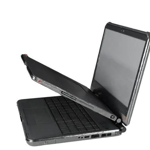 Rugged Convertible Notebook 3D model, three-quarter front view, Unity viewport, showing brushed metal, open lid angle.