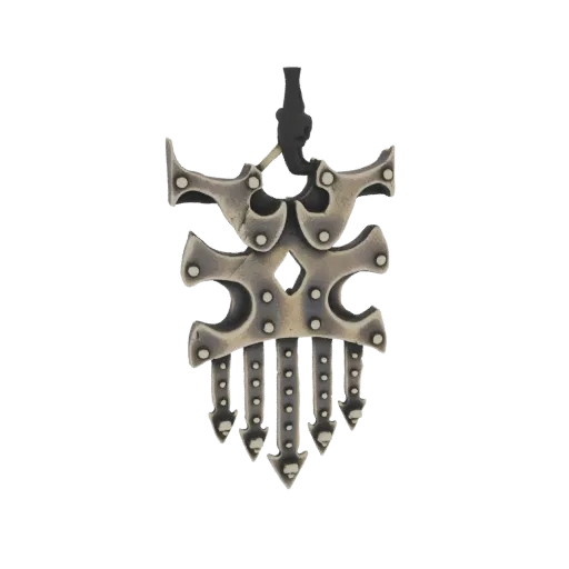 Renderizado 3D de un colgante de armadura gótica oscuro e intrincado con placas superpuestas y flecos metálicos colgantes.