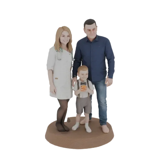 3D model of a family of three, including a doctor, a father, and a young boy, standing on a textured base.