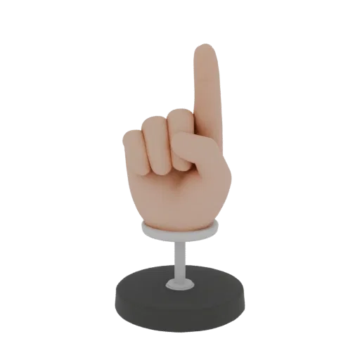 3D model of a pointing finger statuette on a dark base, pointing upwards.
