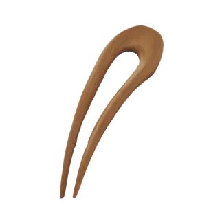 3D model of a smooth, light brown wooden hair fork with a U-shaped design, isolated on a white background.