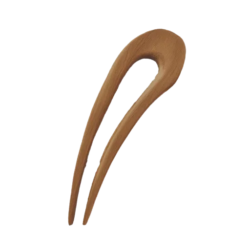 3D model of a smooth, light brown wooden hair fork with a U-shaped design, isolated on a white background.
