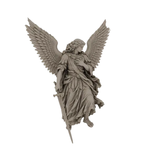 Modello 3D di San Michele Arcangelo in posa dinamica, impugna una spada con ali spiegate, renderizzato con texture simile all