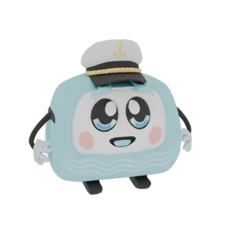 A 3D render of a cute, light blue robot character wearing a white captain's hat with a gold anchor, large expressive eyes, an