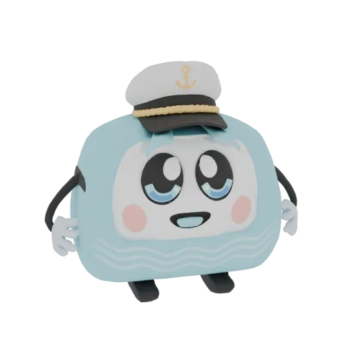Uma renderização 3D de um personagem robô adorável, azul claro, usando um chapéu de capitão branco com âncora dourada, olhos