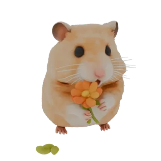 3D model of a Djungarian hamster holding an orange flower in its paws, on a white background.