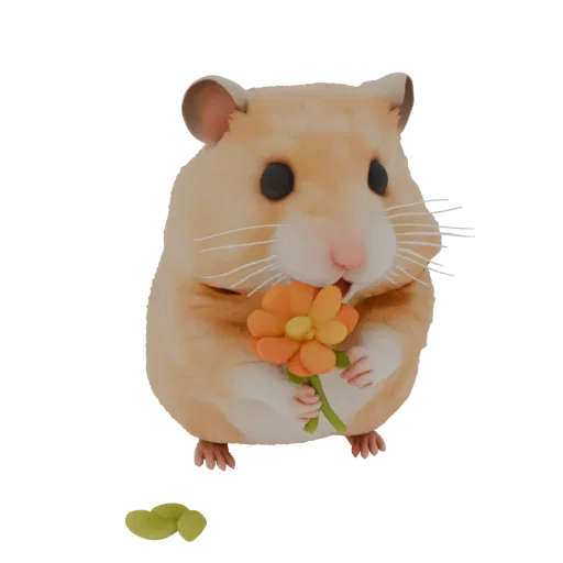 Modelo 3D de hamster Roborovski segurando uma flor laranja nas patas, sobre fundo branco.