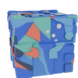 3D model of an abstract cube with a geometric pattern of blue, green, and orange polygons on a white background
