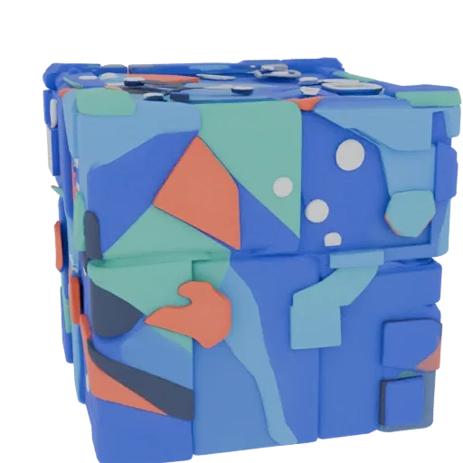 3D model of an abstract cube with a geometric pattern of blue, green, and orange polygons on a white background