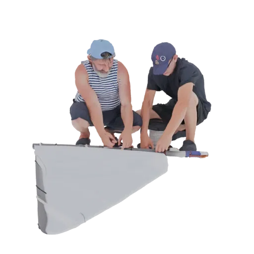 Modelo 3D de padre e hijo agachados, trabajando en una vela de barco blanca, con fondo blanco.