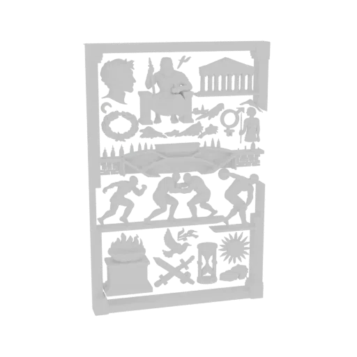 3D model of an ancient Greek relief panel depicting athletes in wrestling and discus throwing, with laurel wreaths and classi