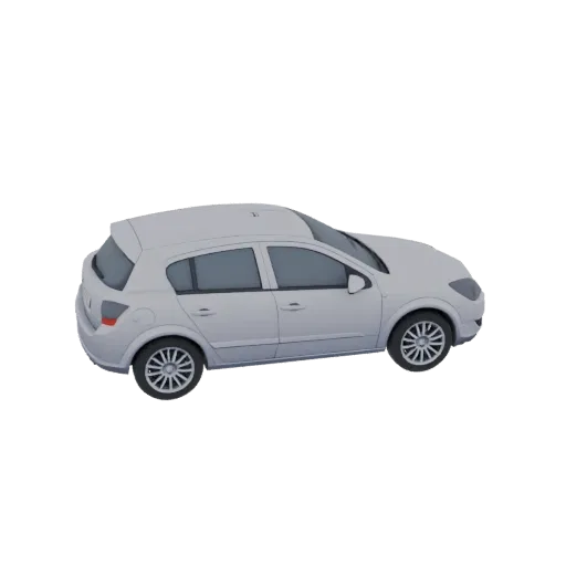 3D model of a white hatchback car, viewed from a three-quarter angle, against a white background.