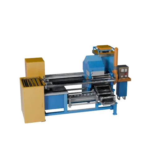 Packaging Packing Machine Low Poly 3D model, game viewport three-quarter view, showing painted steel, machine stations.