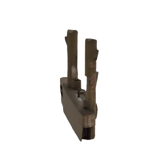 3D model of a weathered mechanical component with a textured base and two upright rods, presented against a white background.