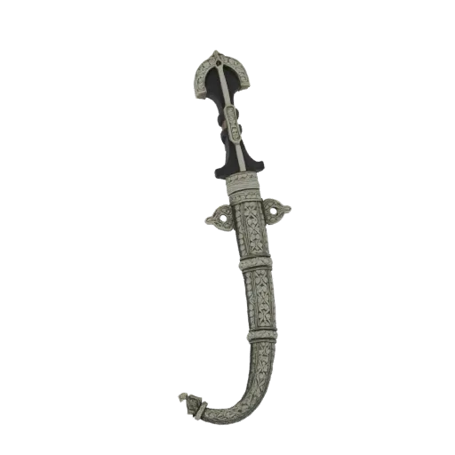 3D model of an ornate silver dagger with a black handle and intricate scrollwork on the blade and scabbard.