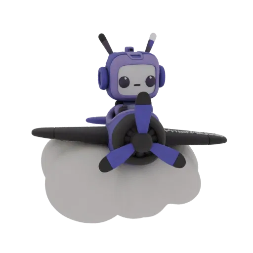 3D model of a cute purple robot piloting a vintage biplane, emerging from a white cloud.