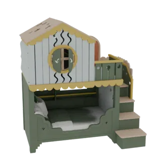 Modelo 3D de uma cama suspensa fantasiosa de casa na árvore com escorregador verde e escadas bege, apresentando uma estrutura