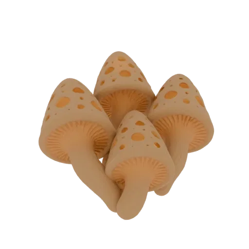 Ein 3D-Rendering einer Ansammlung von vier stilisierten Pilzen mit cremefarbenen Kappen und orangefarbenen Flecken vor einem