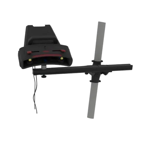 3D model of a black adjustable monitor mount with a control panel and a gray vertical support.