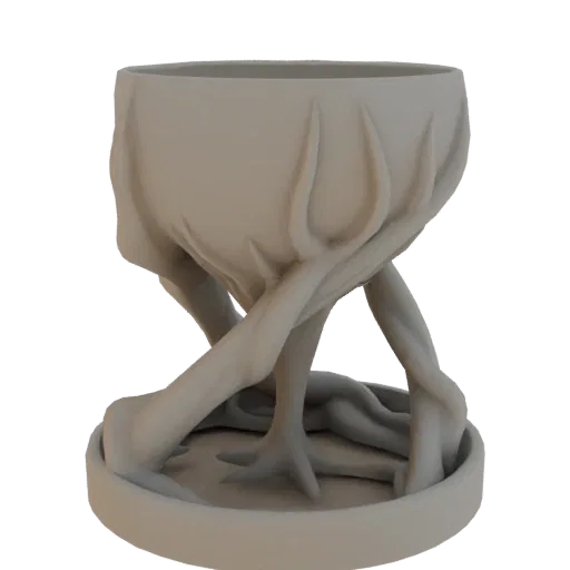 3D model of a planter pot with a base designed to look like twisted, gnarled roots.