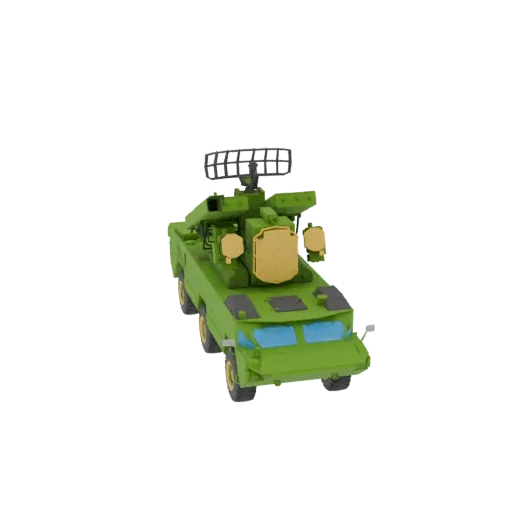 3D model of a green mobile radar vehicle with a large rotating radar dish on top, set against a white background.