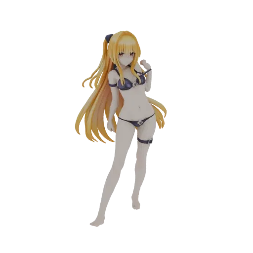 3D model of a blonde anime girl with long hair, wearing a blue bikini and striking a pose.
