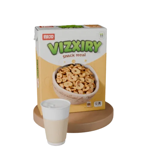 Snack Cereal Box Product Viz 3D model, three-quarter studio product render, showing cardboard, package massing.