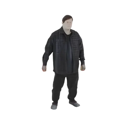 3D model of a man standing, wearing a dark plaid shirt and dark pants, with a neutral expression.