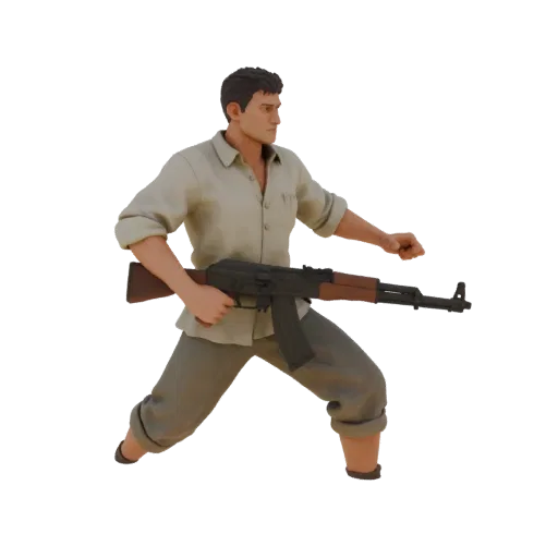 3D model of a male peasant defender in a dynamic pose, holding a Kalashnikov rifle, with a serious expression.