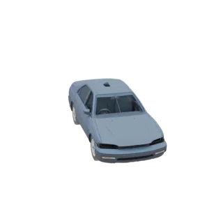 Un modello 3D di un'auto berlina azzurro chiaro, vista da un angolo anteriore destro leggermente elevato, su uno sfondo bianc