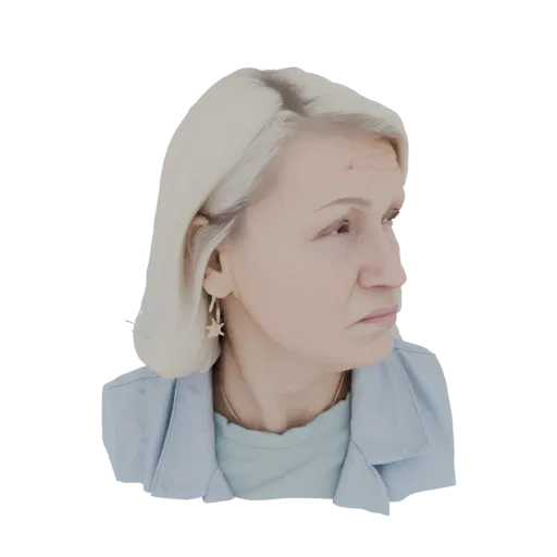 3D model render of a mature woman's head and shoulders in profile, with blonde hair, wearing a blue jacket.