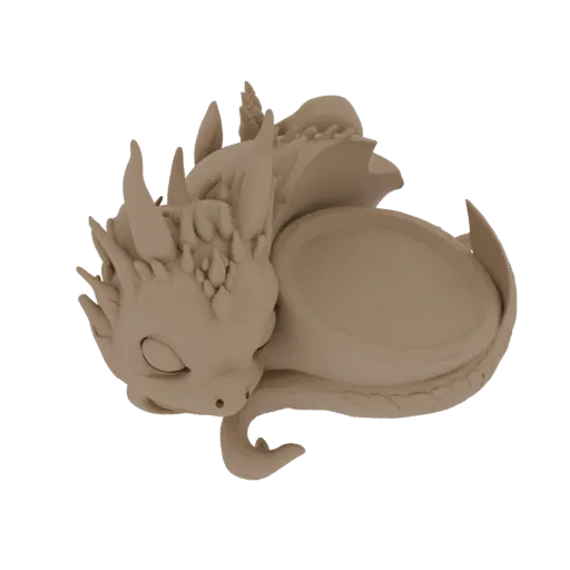 A 3D render of a cute, sleeping baby dragon curled up, with detailed horns and a textured body, presented on a white backgrou