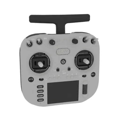 3D model of a modern gray RC transmitter with dual joysticks, a screen, and multiple buttons, set against a black background.