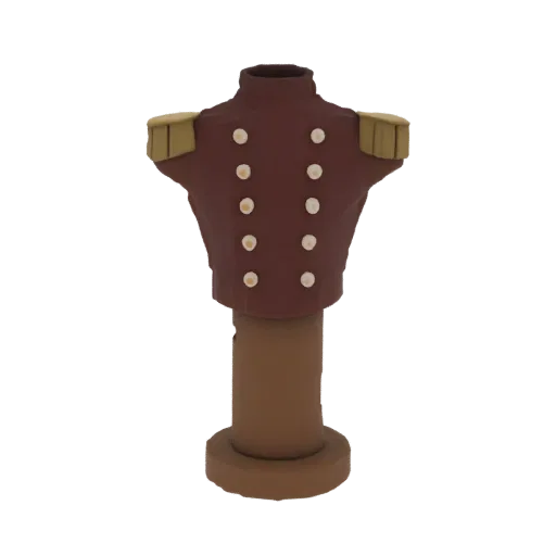 3D model of a historical military uniform bust with a brown jacket, gold epaulets, and white buttons, displayed on a stand.