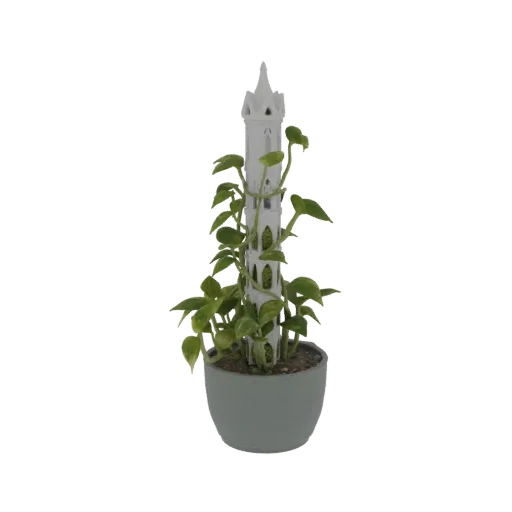 3D-Modell eines weißen gotischen Turm-Rankgitters mit grünen Ranken, die sich darum winden, in einem grauen Topf.