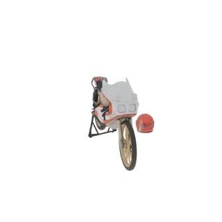 3D model of a vintage white and orange racing motorcycle on a black stand, with a red helmet placed beside it.