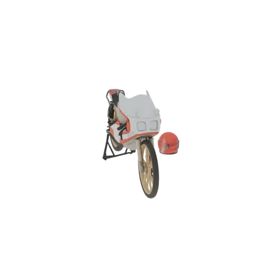 3D model of a vintage white and orange racing motorcycle on a black stand, with a red helmet placed beside it.