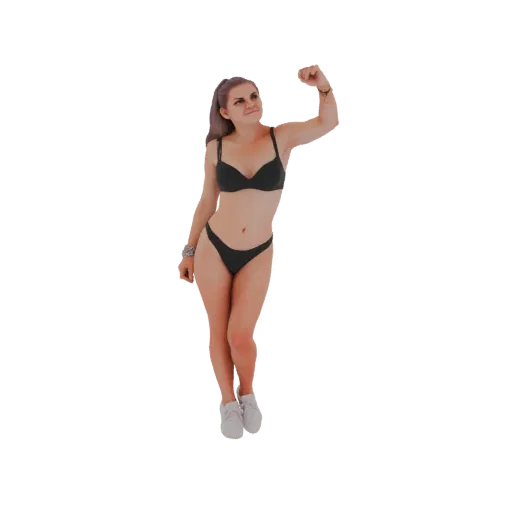 3D model of a woman in a black bikini flexing her bicep, with white sneakers, against a white background.