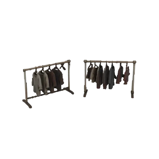 Modèle 3D de deux porte-vêtements rustiques avec divers manteaux et vestes suspendus, sur fond blanc.